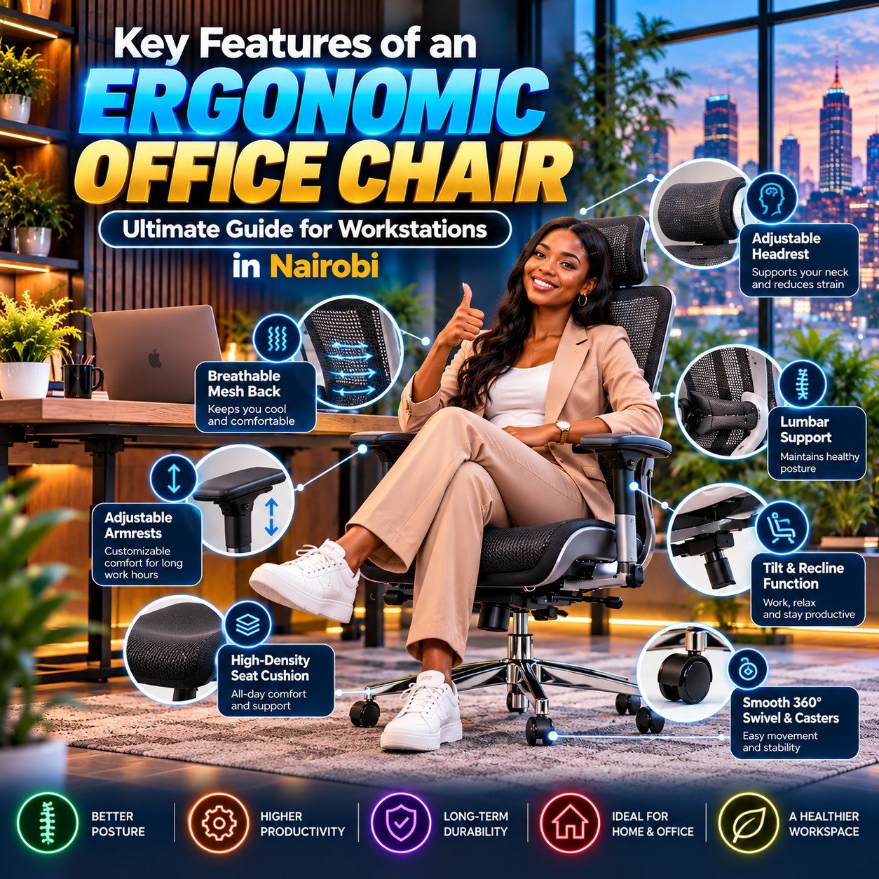 Key features of an ergonomic office chair guide by TFG Nairobi showing lumbar support, mesh back, and adjustable armrests.