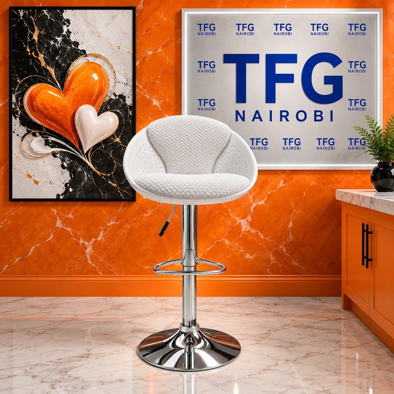 Modern Honeycomb Quilted White Swivel Bar Stool Kenya Showroom View – Karen Nairobi Modern Honeycomb Quilted White Swivel Bar Stool Kenya staged in a luxury showroom with branded TFG Nairobi backdrop in Karen Nairobi