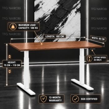 Motorized standing desk Nairobi – technical specs infographic of RES NOVAE PDWNW8001 walnut desk, 160x60cm, height 75–119cm, 188kg maximum load, Northlands, Nairobi