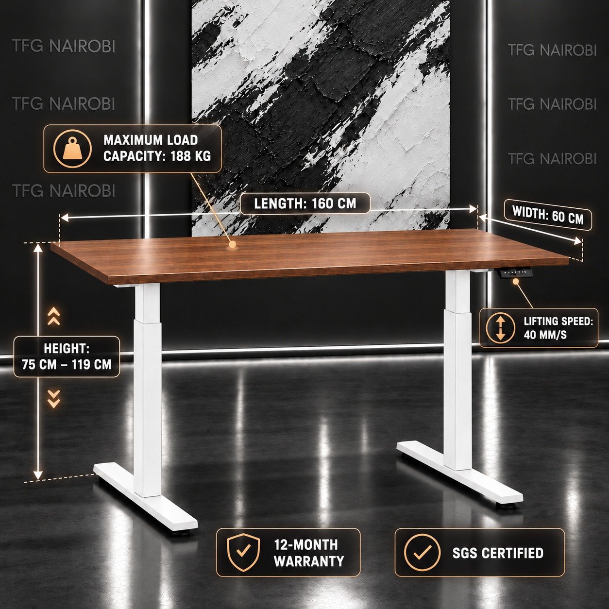 Motorized Standing Desk Nairobi – Technical Specs Motorized standing desk Nairobi – technical specs infographic of RES NOVAE PDWNW8001 walnut desk, 160x60cm, height 75–119cm, 188kg maximum load, Northlands, Nairobi