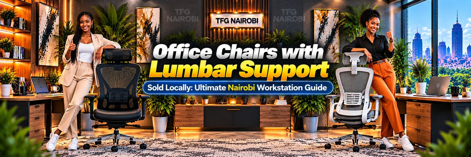 Professionals posing beside office chairs with lumbar support sold locally in Nairobi featuring the best ergonomic office chairs in kenya by TFG Nairobi.