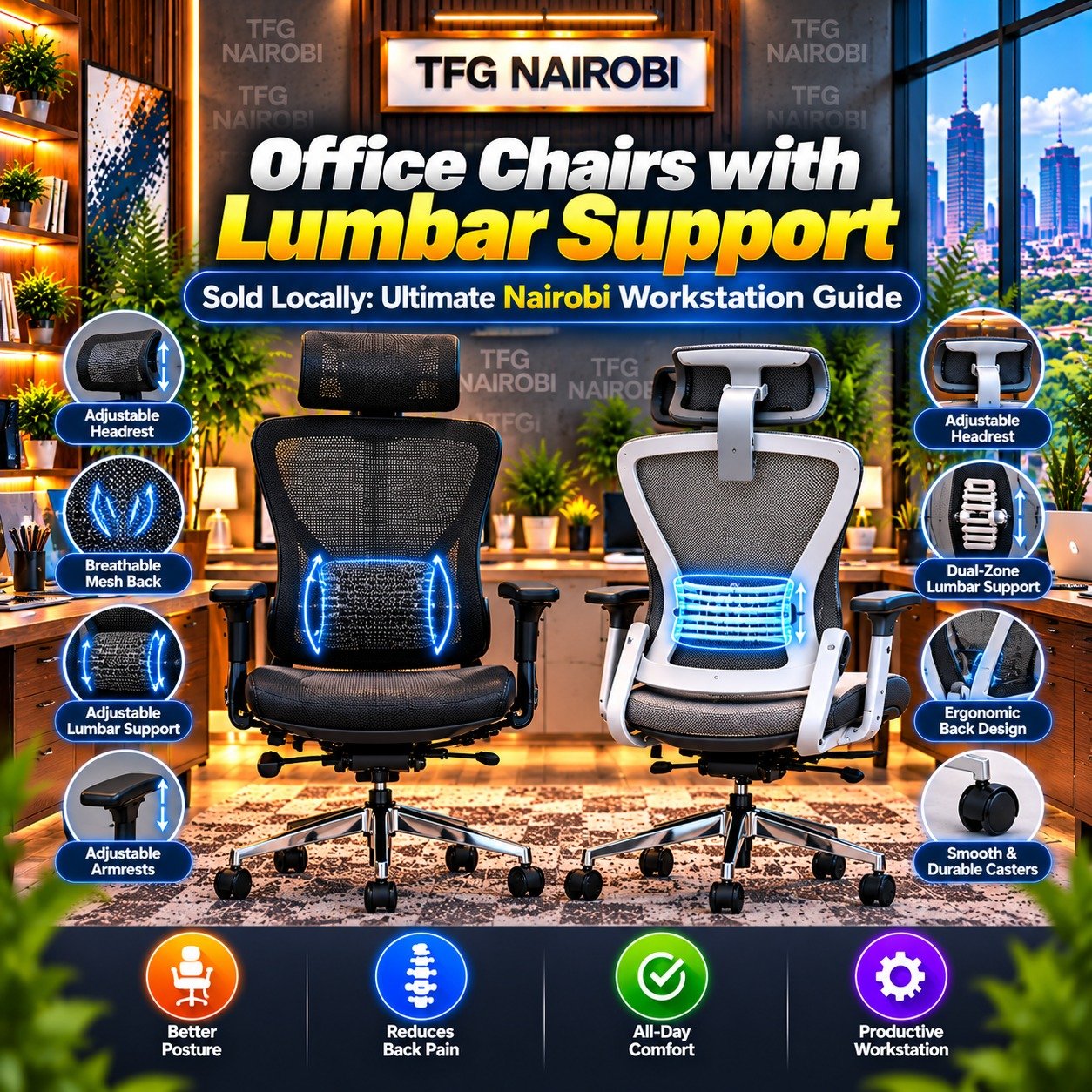 Office chairs with lumbar support sold locally in Nairobi Kenya featuring best ergonomic office chairs in kenya by TFG Nairobi.