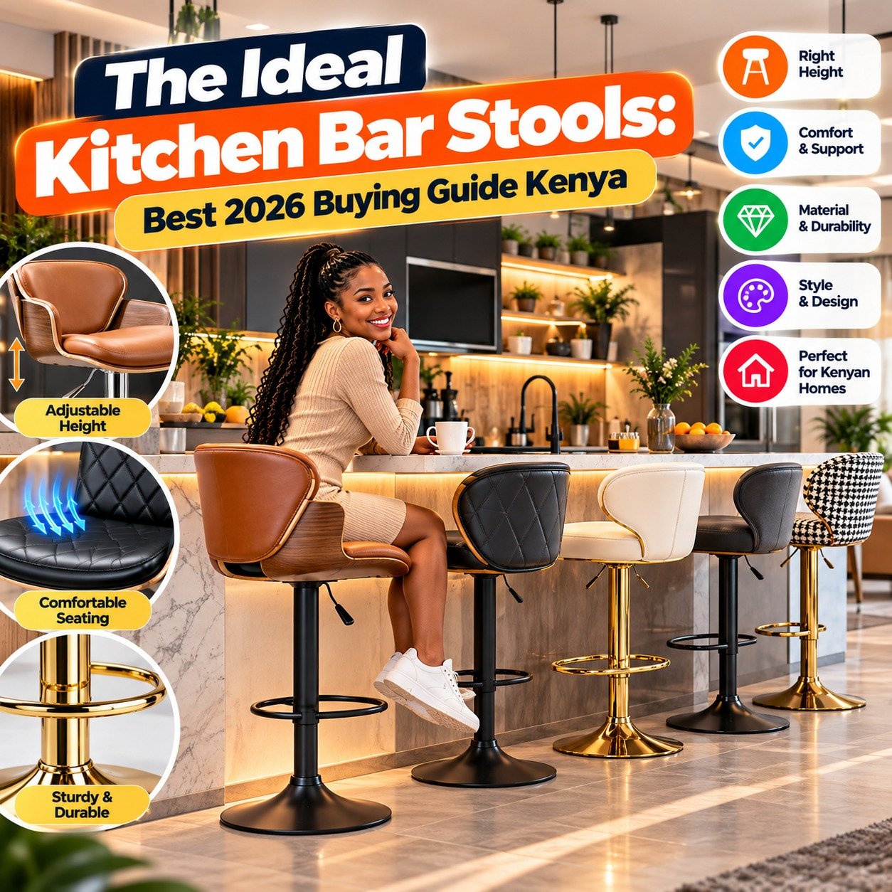 The ideal kitchen bar stools guide visual featured alongside best ergonomic office chairs in kenya catalog by TFG Nairobi.