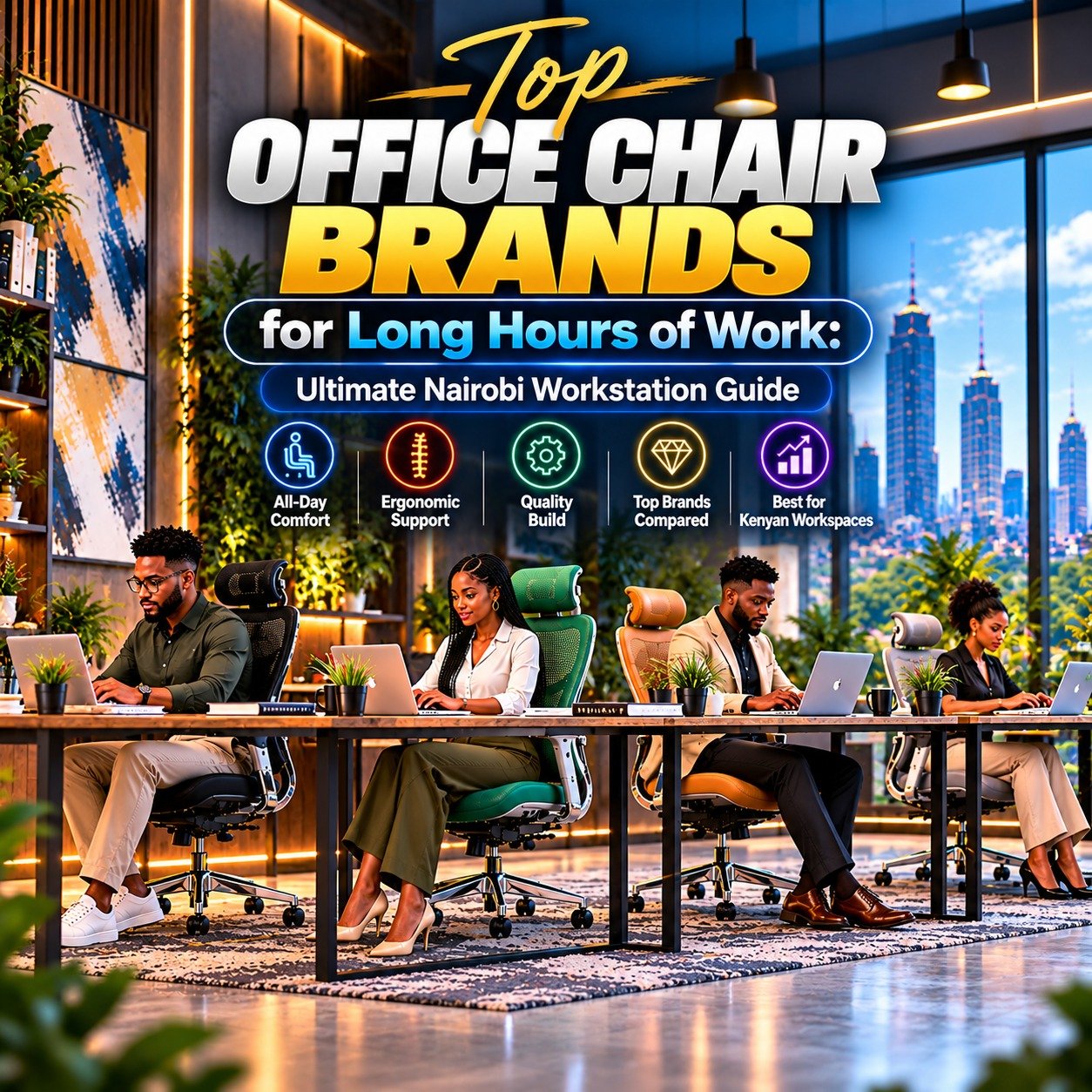Professionals seated on top office chair brands for long hours of work in a Nairobi workspace by TFG Nairobi