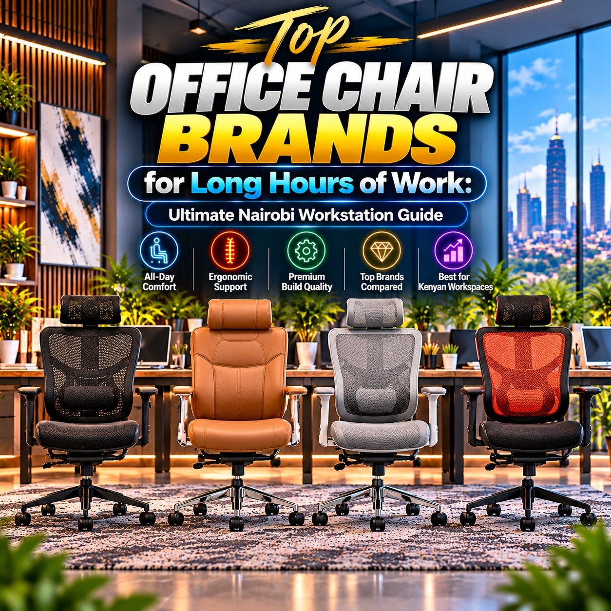 Top office chair brands for long hours of work featured in a Nairobi workstation guide by TFG Nairobi.